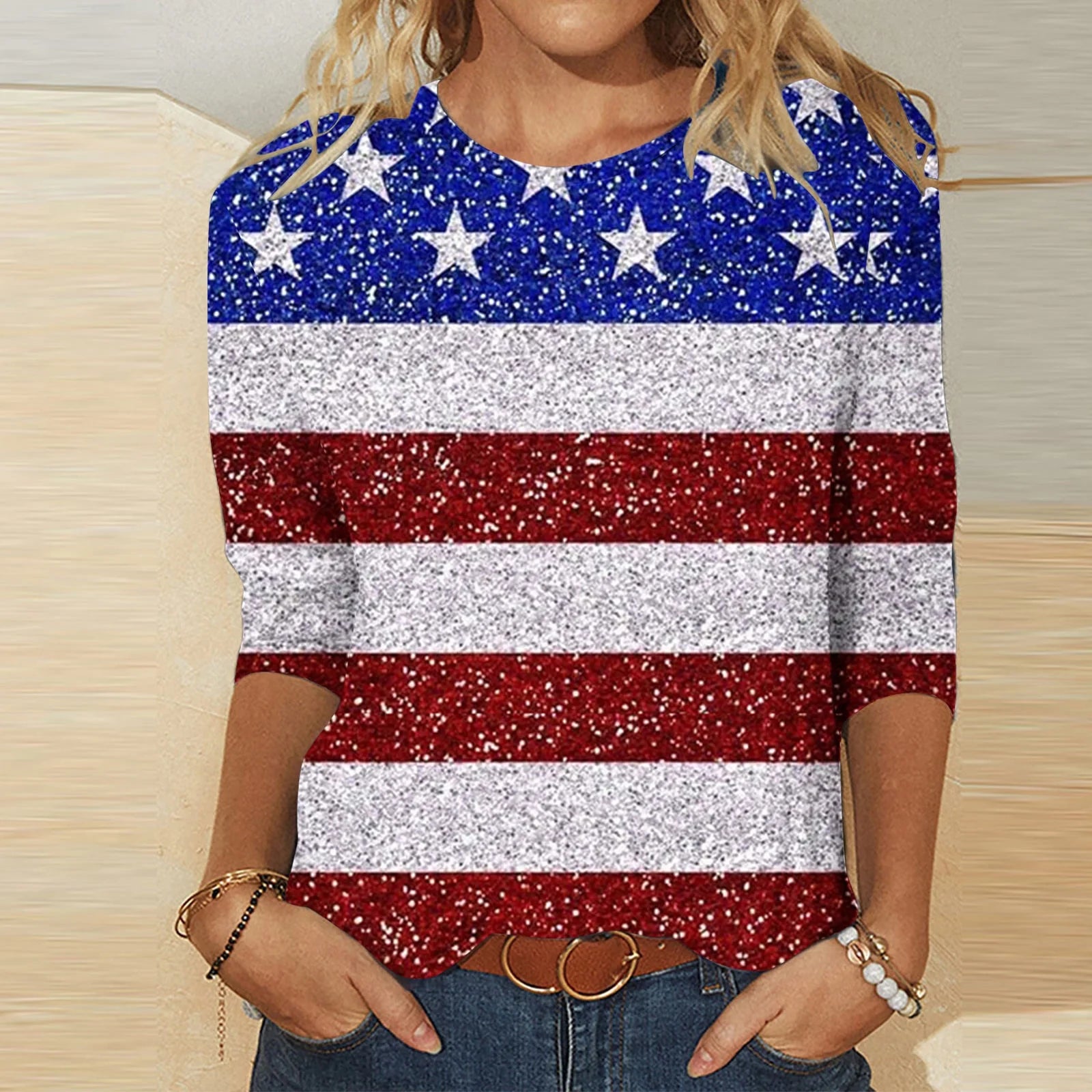 American Flag Shirt for Women 4Th of July T-Shirt USA Flag Patriotic Tee Tops 3/4 Sleeve American Flag Graphic Tee Shirt Blue,Dark Blue,Red,Wine,S,M,L,Xl,Xxl