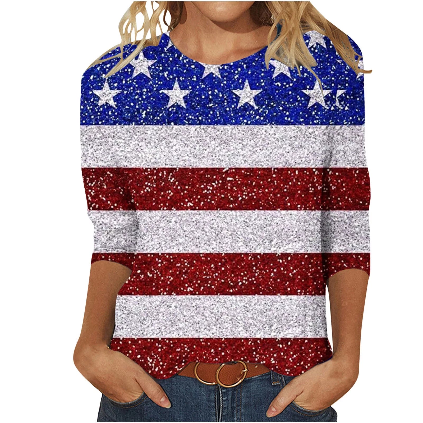 American Flag Shirt for Women 4Th of July T-Shirt USA Flag Patriotic Tee Tops 3/4 Sleeve American Flag Graphic Tee Shirt Blue,Dark Blue,Red,Wine,S,M,L,Xl,Xxl